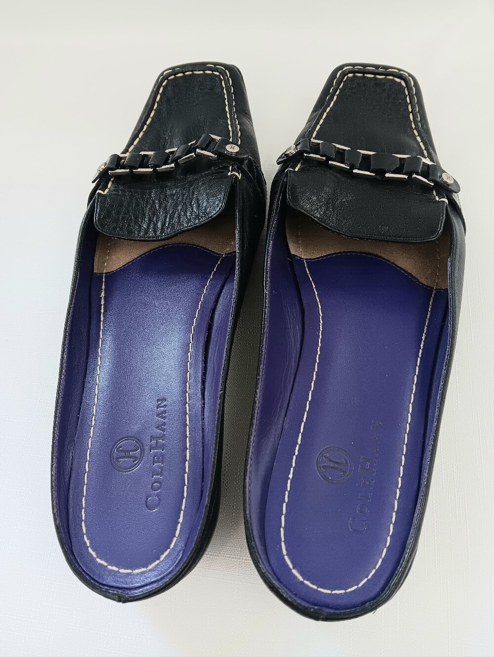 Cole Haan Black Leather Chain-Detail Mules with Purple Insoles
